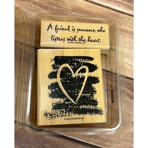 2004 STAMPIN' UP! LISTEN WITH THE HEART WOOD MOUNT RUBBER STAMP SET OF 2 FRIEND
